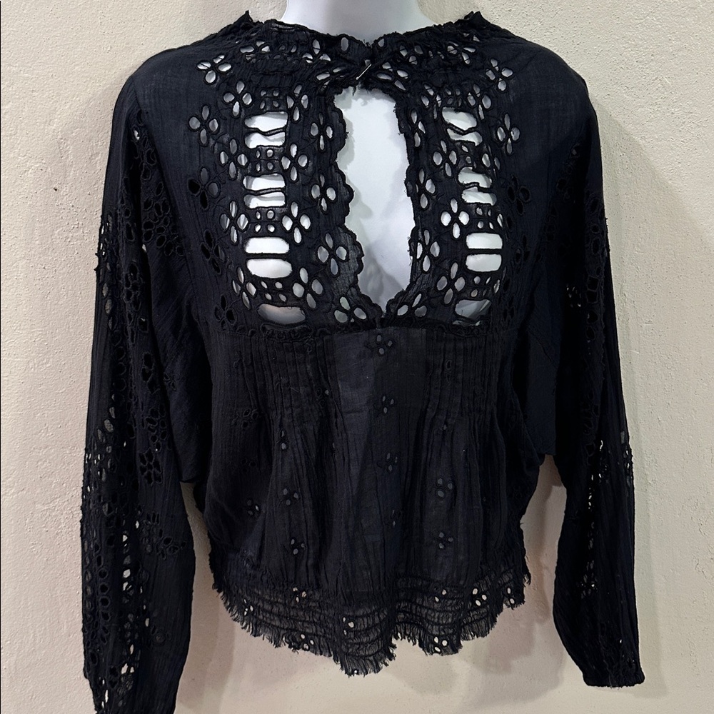 Free People One black eyelet top, lightweight material, size extra small